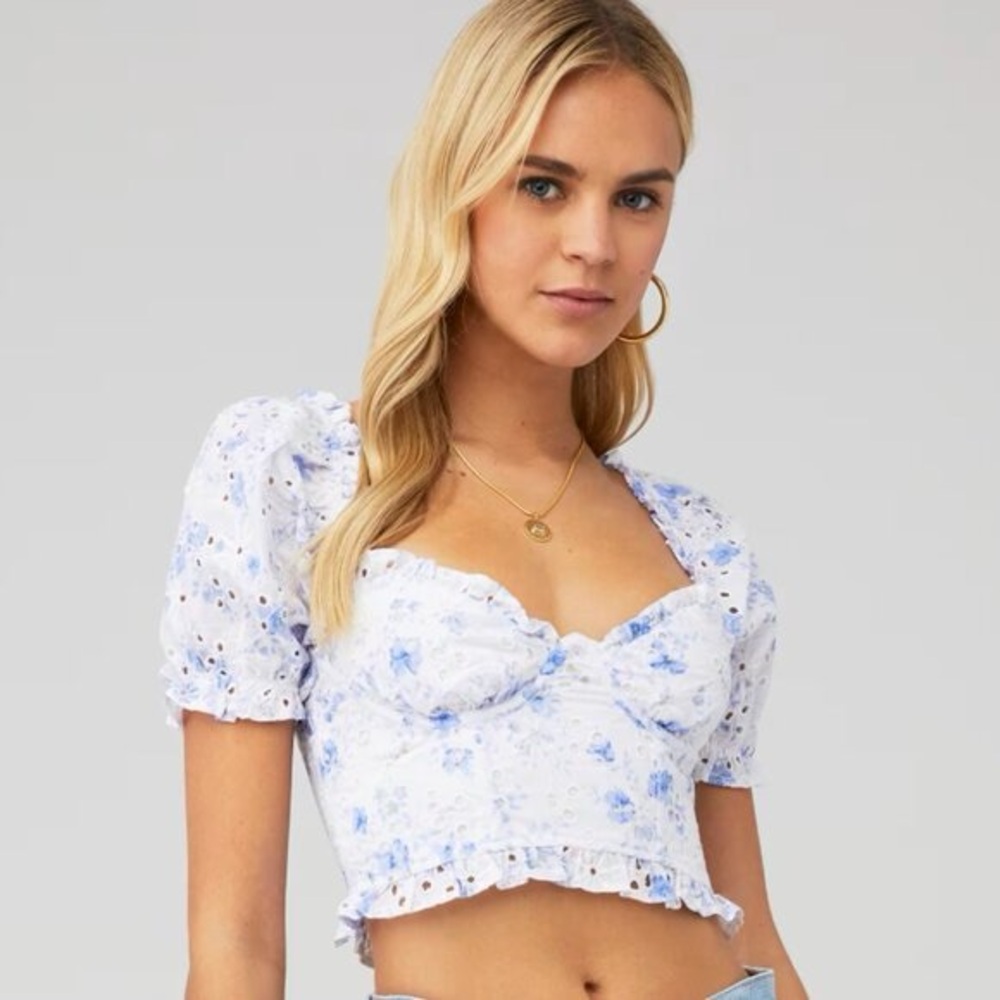 ASTR Feronia Top Blue Floral Crop Blouse